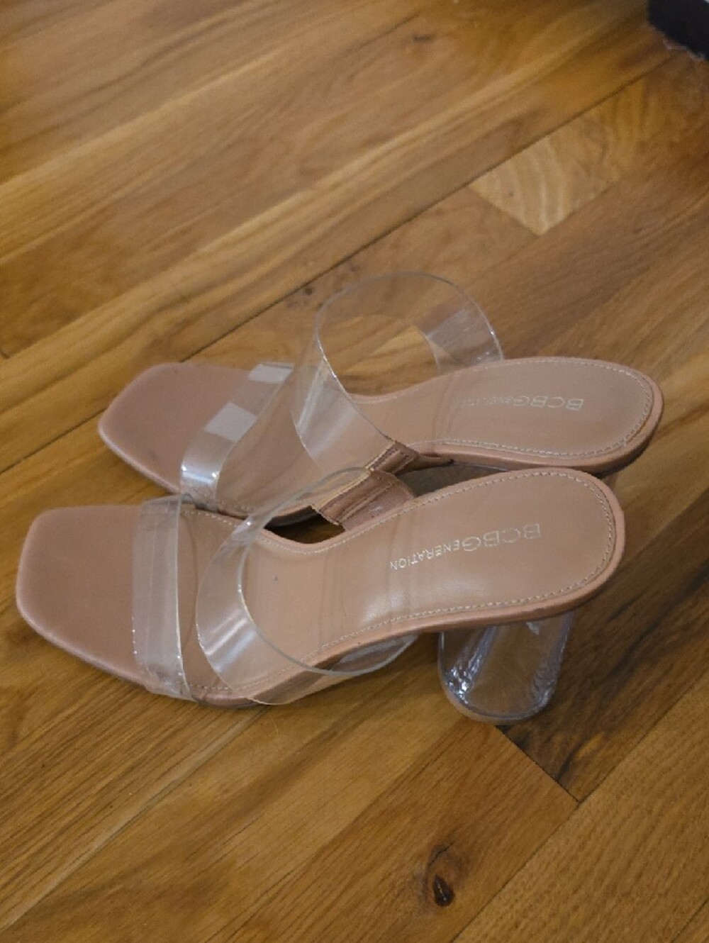 BCBGeneration Clear Strap Slide Sandals in Nude/Tan - Picture 2 of 4